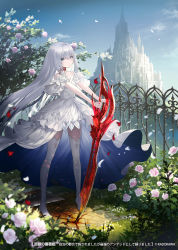 Rule 34 | 1girl, bare shoulders, blood, blood sword, blue sky, castle, cinkai, closed mouth, cloud, collarbone, cover, crystal, dress, fence, flower, grey eyes, highres, holding, holding sword, holding weapon, long hair, ocean, original, outdoors, petals, pink flower, pink rose, rose, scar, scar on neck, silver hair, sky, smile, solo, standing, sword, very long hair, water, weapon, white dress, white footwear, white legwear, wind