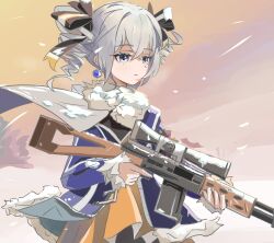 Rule 34 | 1girl, black bow, blue jacket, bow, bronya zaychik, bronya zaychik (snowy sniper), closed mouth, dragunov svd, dress, drill hair, earrings, grey eyes, grey hair, gun, hair bow, highres, holding, holding gun, holding weapon, honkai (series), honkai impact 3rd, jacket, jewelry, outdoors, requiescat, rifle, scarf, sniper rifle, snowing, solo, sunset, trigger discipline, twin drills, upper body, weapon, white scarf, winter, winter clothes, winter uniform, yellow dress