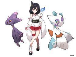 Rule 34 | 1girl, absurdres, black hair, closed mouth, creatures (company), crossover, detached sleeves, froslass, game freak, gen 4 pokemon, gen 5 pokemon, hair ornament, highres, holding, holding poke ball, japanese clothes, kantai collection, litwick, looking at viewer, miniskirt, mismagius, momimaki, nintendo, nontraditional miko, pleated skirt, poke ball, poke ball (basic), pokemon, pokemon (creature), red eyes, red skirt, ribbon-trimmed sleeves, ribbon trim, short hair, skirt, tabi, thigh strap, white legwear, wide sleeves, yamashiro (kancolle)