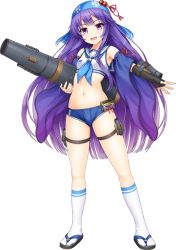 Rule 34 | &gt;:d, 1girl, :d, artist request, bad id, bandana, blue shorts, cannon, detached sleeves, fangs, full body, holding, holding weapon, long hair, midriff, navel, official art, open mouth, oshiro project:re, oshiro project:re, purple eyes, purple hair, sailor bikini, sailor collar, short shorts, shorts, smile, solo, transparent background, v-shaped eyebrows, very long hair, wakamatsu (oshiro project), weapon