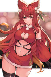 Rule 34 | 1girl, animal ears, anthuria, bad id, bad pixiv id, bare shoulders, bell, black gloves, black thighhighs, blush, braid, breasts, cleavage, clothing cutout, collarbone, detached sleeves, erune, fur trim, gloves, granblue fantasy, hair bell, hair between eyes, hair ornament, hat, heart cutout, highres, koretsuki azuma, large breasts, leaf hair ornament, long hair, looking at viewer, midriff, navel, pom pom (clothes), red eyes, red hair, red skirt, resolution mismatch, santa hat, single glove, skirt, solo, source smaller, thighhighs, zettai ryouiki