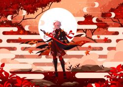 1boy armor autumn_leaves bandaged_hand bandages black_gloves closed_mouth cloud crossed_bangs egasumi ffluvy fingerless_gloves full_body genshin_impact gloves hair_between_eyes hakama hakama_shorts highres holding holding_sword holding_weapon japanese_armor japanese_clothes kaedehara_kazuha katana kimono leaf multicolored_hair outdoors ponytail red_eyes red_hair shorts sword tassel tree weapon white_hair