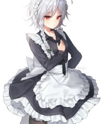 Rule 34 | 1girl, apron, black dress, black legwear, black necktie, bow, braid, breasts, circle skirt, collarbone, commentary request, cowboy shot, dress, frilled apron, frills, green bow, hair bow, hajin, hand on own hip, hand on own chest, izayoi sakuya, long sleeves, looking at viewer, maid, maid apron, maid headdress, necktie, petticoat, red eyes, short hair, silver hair, simple background, small breasts, solo, standing, touhou, twin braids, waist apron, white apron, white background