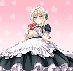 Rule 34 | 1girl, absurdres, apron, blonde hair, blush, box, braid, braided bun, breasts, buttons, closed mouth, dress, gift, gift box, gloves, gradient background, green dress, hair bun, heart, heart-shaped box, heart background, highres, holding, holding gift, kantai collection, large breasts, maid headdress, perth (kancolle), puffy short sleeves, puffy sleeves, purple eyes, short hair, short sleeves, solo, tk8d32, waist apron, white apron, white gloves
