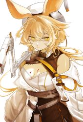 Rule 34 | 1girl, animal ears, arknights, bare shoulders, blonde hair, blood, breasts, cleavage, closed eyes, crossed bangs, dorothy (arknights), hair between eyes, hat, highres, large breasts, long hair, looking at viewer, mouse ears, mouse girl, nosebleed, shirt, simple background, solo, ub orca, white background, white hat, white shirt, yellow eyes