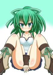 Rule 34 | 1girl, :&lt;, ankle boots, bad id, bad pixiv id, bare shoulders, blush, boots, breasts, brown footwear, camisole, cleavage, collarbone, duel monster, gloves, green eyes, green hair, hair rings, highres, long hair, looking at viewer, matching hair/eyes, panties, ponytail, ribbon, simple background, sitting, solo, spaghetti strap, striped clothes, striped panties, underwear, upskirt, white background, wynn (yu-gi-oh!), wynn the wind charmer, yu-gi-oh!, yu-gi-oh! duel monsters