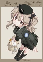 Rule 34 | 1girl, artist name, bandages, beret, black footwear, black hat, black jacket, black necktie, black ribbon, black skirt, blush, boko (girls und panzer), boots, brown eyes, character name, commentary, cross-laced footwear, dated, dress shirt, emblem, girls und panzer, hair ribbon, hat, jacket, japanese tankery league (emblem), knee boots, lace-up boots, leaning forward, light blush, light brown hair, long hair, long sleeves, looking at viewer, military, military hat, military uniform, miniskirt, necktie, nyororiso (muyaa), one side up, parted lips, pleated skirt, ribbon, selection university (emblem), selection university military uniform, shimada arisu, shirt, signature, skirt, solo, standing, stuffed animal, stuffed toy, teddy bear, translated, uniform, white shirt