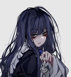 Rule 34 | 1girl, bags under eyes, black shirt, blue hair, blunt bangs, chess piece, closed mouth, dark blue hair, frederica bernkastel, frown, holding, holding chess piece, long hair, long sleeves, messy hair, pawn (chess), purple eyes, shirt, simple background, solo, sweater 701, umineko no naku koro ni, white background, wide sleeves
