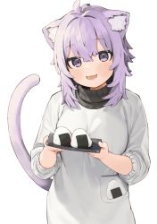 Rule 34 | 1girl, :d, absurdres, animal ear fluff, animal ears, antenna hair, apron, black shirt, blush, cat ears, cat girl, cat tail, commentary request, fang, food, hair between eyes, highres, holding, hololive, kappougi, looking at viewer, nekomata okayu, onigiri, open mouth, purple eyes, purple hair, seramikku, shirt, simple background, smile, solo, tail, tail raised, turtleneck, virtual youtuber, white apron, white background