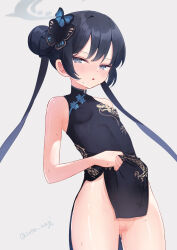 Rule 34 | 1girl, black dress, black hair, blue archive, breasts, butterfly hair ornament, china dress, chinese clothes, cleft of venus, clothes lift, double bun, dress, dress lift, grey eyes, hair bun, hair ornament, halo, has bad revision, has censored revision, highres, kisaki (blue archive), long hair, pussy, pussy juice, sese nagi, signature, small breasts, sweat, twintails, twitter username