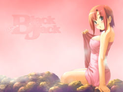 Rule 34 | 1girl, arm support, black eyes, blush, breasts, highres, impossible towel, koutaro, large breasts, looking at viewer, looking back, naked towel, non-web source, onsen, open mouth, pink background, red hair, rio rollins, rock, short hair, sitting, solo, super blackjack, towel, wallpaper