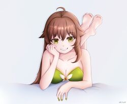 Rule 34 | 1girl, absurdres, ahoge, artist name, barefoot, bed sheet, bikini, breasts, brown hair, character request, cleavage, collarbone, copyright request, crossed ankles, d fox09, feet, feet up, full body, gold trim, green bikini, green eyes, green nails, grey background, hair between eyes, hand up, head rest, highres, large breasts, looking at viewer, lying, on stomach, sidelocks, smile, soles, solo, swimsuit, the pose, toes, twitter username, virtual youtuber
