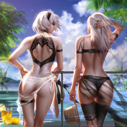 Rule 34 | 2girls, against railing, arm behind head, arm strap, ass, back, back cutout, bare shoulders, bikini, black bikini, black blindfold, black hairband, black one-piece swimsuit, black sarong, blindfold, blue sky, blurry, blurry background, blurry foreground, closed mouth, clothing cutout, cloud, commentary, cup, day, english commentary, facing another, floating hair, hairband, hat, unworn hat, head tilt, unworn headwear, highleg, highleg swimsuit, highres, holding, holding clothes, holding hat, against railing, liang xing, long hair, multicolored clothes, multicolored swimsuit, multiple girls, nier:automata, nier (series), one-piece swimsuit, outdoors, palm tree, poolside, railing, sarong, see-through, short hair, shoulder blades, skindentation, sky, swimsuit, thigh strap, tree, wet, white hair, white one-piece swimsuit, white sarong, wind, 2b (nier:automata), a2 (nier:automata)