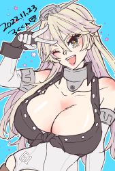 Rule 34 | 1girl, blonde hair, breasts, cleavage, elbow gloves, gloves, grey eyes, grey headwear, headgear, highres, iowa (kancolle), kantai collection, large breasts, long hair, off shoulder, open mouth, rokukun, smile, star-shaped pupils, star (symbol), symbol-shaped pupils, teeth, upper body, upper teeth only, v