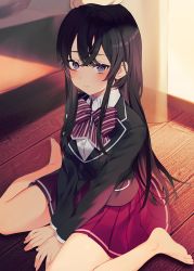 Rule 34 | 1girl, achiki, barefoot, between legs, black hair, black jacket, blazer, blush, bow, breasts, closed mouth, collared shirt, commentary request, curtains, diagonal stripes, dress shirt, grey eyes, hair between eyes, hand between legs, hand on another&#039;s head, jacket, long hair, long sleeves, looking at viewer, medium breasts, on floor, original, pleated skirt, purple bow, red skirt, school uniform, shirt, sitting, skirt, sleeves past wrists, solo focus, striped, striped bow, transparent, very long hair, wariza, white shirt, wooden floor