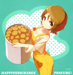 Rule 34 | 10s, 1girl, artist name, blueberry (5959), breasts, brown eyes, brown hair, copyright name, happinesscharge precure!, highres, looking at viewer, medium breasts, oomori yuuko, overalls, potato, precure, short hair, smile, solo