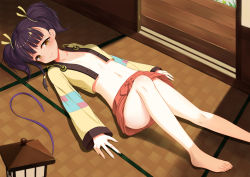 Rule 34 | 10s, 1girl, bare legs, barefoot, bow, breasts, brown eyes, close-up, collarbone, day, feet, flan (seeyouflan), frown, hair ribbon, head tilt, highres, indoors, jacket, knee up, koutetsujou no kabaneri, lantern, long sleeves, lying, mumei (kabaneri), navel, no bra, on back, open clothes, open door, open jacket, purple hair, red bow, red skirt, ribbon, short hair, skirt, sliding doors, small breasts, solo, stomach, sunlight, tatami, toes, wooden floor, yellow jacket, yellow ribbon