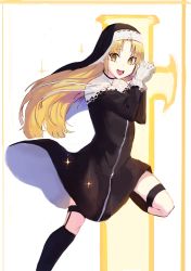 Rule 34 | 1girl, absurdres, black dress, black socks, blonde hair, dress, fang, habit, highres, interlocked fingers, kneehighs, long hair, nijisanji, nun, own hands clasped, own hands together, sister claire, sister claire (1st costume), socks, solo, subu art, subuart, virtual youtuber, yellow eyes
