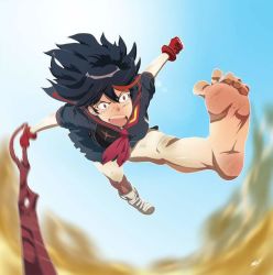 Rule 34 | 10s, 1girl, angry, anime coloring, barefoot, black hair, blurry, blurry background, bruise, crazy, day, dirty, dirty feet, feet, foreshortening, gloves, streaked hair, injury, jpeg artifacts, kicking, kill la kill, matoi ryuuko, midair, midriff, motion blur, multicolored hair, open mouth, scamwich, scissor blade (kill la kill), senketsu, shoes, short hair, single shoe, sky, soles, solo focus, streaked hair, toenails, toes, upswept hair, wide-eyed, wind, wind lift