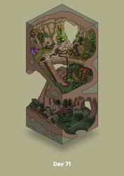 Rule 34 | beige background, cave, commentary request, diorama, gozz, highres, isometric, original, pedestal, plant, pot, rope, ruins, stairs