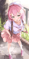 Rule 34 | 1girl, ahoge, blush, cat hair ornament, collarbone, dot nose, frown, hair ornament, hairclip, highres, holding strap, hololive, looking at viewer, neck ribbon, outdoors, parted lips, pink footwear, pink hair, pink skirt, plaid, plaid skirt, pleated skirt, red ribbon, ribbon, sailor collar, sakura miko, sakura miko (school uniform), samu (sam deg369), school uniform, shirt, short hair, shoulder strap, sidelocks, skirt, solo, standing, t-shirt, teeth, upper teeth only, virtual youtuber, white headwear, white shirt, yellow eyes