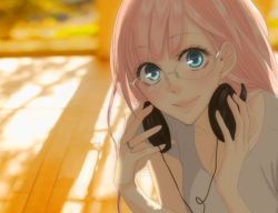 Rule 34 | 1girl, alternate hairstyle, aqua eyes, bespectacled, cup, glasses, headphones, headphones around neck, hime cut, jewelry, just be friends (vocaloid), lips, long hair, megurine luka, pink hair, ring, screencap, smile, solo, vocaloid, yunomi, yunomi (yunomi imonuy)