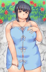 Rule 34 | 1girl, bare shoulders, black hair, blue eyes, blush, breasts, covered erect nipples, fat, highres, itou yukino, large breasts, long hair, looking at viewer, no bra, no panties, orizen, ponytail, real drive, solo, standing, thick thighs, thighs