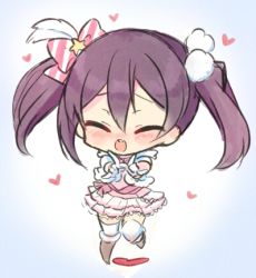 Rule 34 | 10s, 1girl, :o, \m/, ayuma sayu, bow, chibi, double \m/, dress, closed eyes, feather hair ornament, feathers, hair bow, feather hair ornament, heart, layered dress, love live!, love live! school idol project, lowres, sketch, snow halation, solo, standing, standing on one leg, twintails, yazawa nico