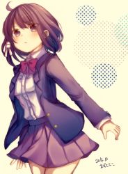 Rule 34 | 1girl, 2015, ahoge, artist name, azu torako, blazer, blue eyes, blush, bow, bowtie, breasts, brown hair, closed mouth, cowboy shot, dated, hair between eyes, jacket, medium breasts, original, pleated skirt, purple skirt, red bow, red bowtie, school uniform, shirt, short hair, signature, simple background, skirt, solo, white shirt, wing collar, yellow background