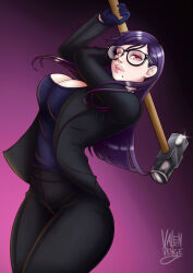 Rule 34 | 1girl, attack, breasts, cleavage cutout, clothing cutout, curvy, denim, female focus, formal, glasses, gloves, hammer, highres, jeans, large breasts, looking at viewer, minakata hizuru, mole, pants, pink eyes, purple hair, solo, suit, summertime render, tank top, thick thighs, thighs, threatening