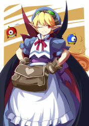 Rule 34 | 1girl, apron, bag, blonde hair, blue dress, blue hat, bow, cloak, curly hair, dress, fang, flipped hair, gloves, goggles, goggles on head, hands on own hips, hat, heart, long hair, marivel armitage, no~ma, one eye closed, pointy ears, red eyes, ribbon, robot, simple background, smile, solo, two-tone background, vampire, wild arms, wild arms 2, wink