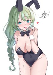 Rule 34 | absurdres, animal ears, black leotard, blue eyes, bow, bowtie, calin, dated, detached collar, fake animal ears, green hair, heart, highleg, highleg leotard, highres, kantai collection, leotard, looking at viewer, open mouth, playboy bunny, rabbit ears, rabbit tail, sexually suggestive, strapless, strapless leotard, tail, tongue, tongue out, twitter username, wrist cuffs, yuugumo (kancolle)