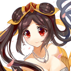Rule 34 | 1girl, breasts, brown hair, cleavage, earrings, guqin sona, huayue, jewelry, league of legends, long hair, necklace, red eyes, smile, solo, sona (league of legends), twintails, white background