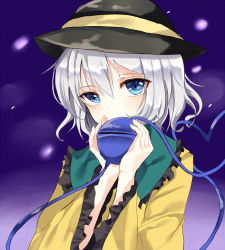 Rule 34 | 1girl, blouse, blue background, blue eyes, covering own mouth, fingernails, gradient background, hat, hat ribbon, heart, heart of string, komeiji koishi, light particles, long sleeves, looking at viewer, ribbon, rinarisa, shirt, short hair, silver hair, solo, third eye, touhou, upper body