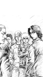 3boys black_hair black_jacket brown_eyes full_body happy highres holyland jacket kamishiro_yuu_(holyland) kaneda_shinichi looking_at_viewer male_focus masaki_izawa multiple_boys short_hair white_background