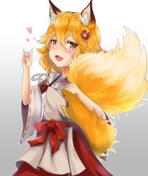 Rule 34 | 1girl, :d, absurdres, animal ear fluff, animal ears, blonde hair, blush, fang, flower, fluffy, fox ears, fox shadow puppet, fox tail, hair flower, hair ornament, highres, holding tail, hugging own tail, hugging tail, japanese clothes, miko, open mouth, ribbon-trimmed sleeves, ribbon trim, sash, senko (sewayaki kitsune no senko-san), sewayaki kitsune no senko-san, short hair, smile, tail, tini, wide sleeves, yellow eyes