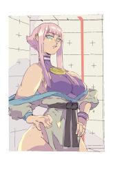 Rule 34 | 1girl, bare shoulders, blue eyes, breasts, dougi, hands on own hips, highres, hime cut, hip vent, large breasts, manon legrand, martial arts belt, narrow waist, off shoulder, pink hair, rare 7th, sidelocks, solo, street fighter, street fighter 6, sweat, sweatdrop, wristband