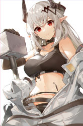 Rule 34 | 1girl, akizone, arknights, bare shoulders, black choker, black gloves, black shirt, breasts, choker, closed mouth, collarbone, crop top, earrings, elbow gloves, expressionless, gloves, hair ornament, hammer, hand up, highres, horns, infection monitor (arknights), jewelry, large breasts, long hair, looking at viewer, material growth, midriff, mudrock (arknights), mudrock (elite ii) (arknights), navel, off shoulder, oripathy lesion (arknights), pointy ears, red eyes, shirt, silver hair, simple background, sleeveless, sleeveless shirt, solo, stomach, upper body, white background