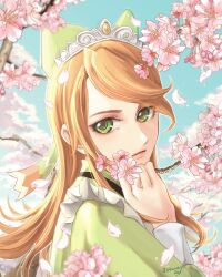 Rule 34 | 1girl, blue sky, bow, closed mouth, cloud, etie (fire emblem), fire emblem, fire emblem engage, flower, from side, green bow, green eyes, green shirt, hair bow, hair ornament, highres, long hair, long sleeves, looking at viewer, nintendo, orange hair, shirt, sky, solo, tiara, upper body, ursla99, yellow gemstone