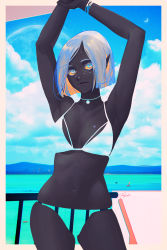 Rule 34 | 1girl, 2others, afloat, armpits, arms up, bikini, black skirt, blue eyes, blue sky, boat, bob cut, bracelet, closed mouth, cloud, cloudy sky, collarbone, colored sclera, colored skin, earrings, fangs, highres, horns, jewelry, moon, mountain, multiple others, navel, necklace, ocean, original, outdoors, pointy ears, shark, shark fin, signature, silver hair, single horn, skirt, sky, solo, solo focus, standing, star (sky), star (symbol), swimsuit, tajima yukie, water, watercraft, yellow sclera