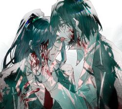 Rule 34 | 1boy, 1girl, black hair, blood, blood on clothes, blood on face, blood on hands, chinese commentary, commentary request, haloyxxxxxxx, hetero, high ponytail, highres, hong lu (project moon), licking, licking eye, limbus company, long hair, missing eye, necktie, open mouth, portrait, project moon, red necktie, ryoshu (project moon), short hair, simple background, very long hair, white background