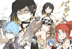 Rule 34 | 2boys, 4girls, angela (project moon), anger vein, angry, animal print, aqua hair, asymmetrical hair, bad id, bad pixiv id, bare legs, bare shoulders, bean bag chair, binah (project moon), black choker, black hair, black suit, blonde hair, blood, blood from mouth, blood on clothes, blood on face, blouse, blue coat, blue hair, braid, braided bun, breasts, brooch, chesed (project moon), choker, cleavage, coat, collarbone, collared shirt, colored inner hair, commentary request, cow print, crop top, crossed legs, cup, earrings, facial scar, formal, frown, gebura (project moon), hair bun, hairband, holding, holding cup, jewelry, kankan33333, large breasts, laughing, library of ruina, long coat, long hair, long sleeves, looking at another, medium hair, midriff, mole, mole under eye, multicolored hair, multiple boys, multiple girls, navel, neck ribbon, o-ring, o-ring top, open clothes, open coat, ponytail, project moon, purple coat, red hair, ribbon, roland (project moon), scar, scar across eye, scar on arm, scar on cheek, scar on face, serious, shaded face, shirt, short hair, sidelocks, simple background, snapping fingers, spitting, spitting blood, stomach, suit, sweatdrop, tiphereth a (project moon), two-tone hair, v-shaped eyebrows, white background, white shirt, wide-eyed, yellow coat, yellow eyes