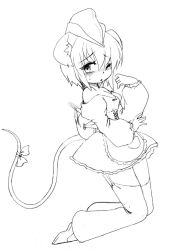 Rule 34 | 1girl, animal ears, blush, bow, camel (dansen), dress, female focus, hat, kneeling, monochrome, mouse ears, mouse tail, one eye closed, original, short hair, solo, tail, tail bow, tail ornament, tailor (camel)