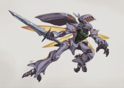 Rule 34 | artist name, chinese commentary, dunbine, flying, full body, grey background, holding, holding sword, holding weapon, insect wings, looking to the side, mecha, no humans, open hand, orange eyes, robot, seisenshi dunbine, sfss, solo, sword, weapon, wings