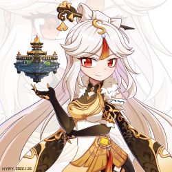 Rule 34 | 1girl, black gloves, china dress, chinese clothes, claws, commentary request, crossed arms, detached sleeves, dress, elbow gloves, floating island, genshin impact, gloves, hair ornament, hairpin, highres, hyny, long hair, looking at viewer, ningguang (genshin impact), palace, red eyes, sidelocks, smile, solo, vision (genshin impact), white hair, zoom layer
