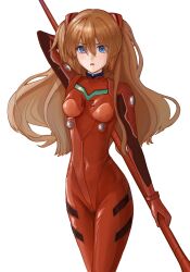 Rule 34 | 1girl, artist request, blue eyes, bodysuit, breasts, brown hair, curvy, headgear, highres, holding, holding weapon, interface headset, lance of longinus (evangelion), long hair, looking at viewer, medium breasts, neon genesis evangelion, pilot suit, plugsuit, polearm, red bodysuit, shiny clothes, simple background, solo, souryuu asuka langley, very long hair, weapon, white background, wide hips