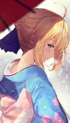 Rule 34 | 1girl, ahoge, alternate costume, artoria pendragon (all), artoria pendragon (fate), blonde hair, blue ribbon, commentary request, fate/grand order, fate/stay night, fate (series), floral print, green eyes, hair ribbon, highres, japanese clothes, kimono, looking at viewer, looking back, oil-paper umbrella, parasol, ribbon, saber (fate), smile, solo, umbrella, untue