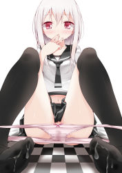 Rule 34 | 1girl, bad id, bad pixiv id, black thighhighs, blush, checkered floor, cum, cum on body, cum on lower body, feet, floor, hand to own mouth, highres, looking at viewer, navel, no shoes, oouso, original, panties, panty pull, pink panties, pov, red eyes, school uniform, serafuku, silver hair, sitting, skirt, solo, thighhighs, underwear