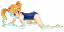 Rule 34 | 1girl, :o, all fours, anyamal tantei kirumin zoo, bad id, bad pixiv id, barefoot, blonde hair, blush, child, drill hair, feet, female focus, full body, long hair, mikogami riko, nyama, one-piece swimsuit, pink eyes, school swimsuit, simple background, soles, solo, swimsuit, toes, twintails, wet, white background