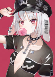 Rule 34 | 1girl, animal ears, arm up, bad id, bad pixiv id, badge, barcode, black collar, black hat, black nails, blowing bubbles, blush, breasts, button badge, chain, chewing gum, closed mouth, collar, collarbone, commentary request, ear piercing, grey shirt, hand on headwear, hat, highres, kaina (tsubasakuronikuru), multicolored hair, multicolored nails, nail polish, original, peaked cap, piercing, rabbit ears, red background, red eyes, red hair, red nails, shirt, short sleeves, silver hair, simple background, small breasts, solo, streaked hair, upper body